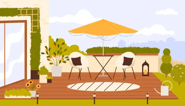 Vector illustration of Rooftop terrace with cozy furniture and green plants, table and umbrella, cozy chairs
