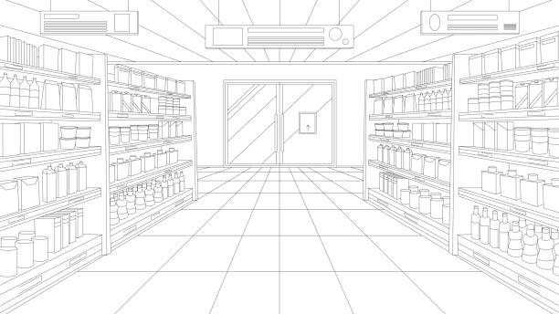 Supermarket or grocery store aisle, perspective interior sketch, black line retail shop Supermarket or grocery store aisle, perspective sketch of interior vector illustration. Abstract black line retail shop inside, hypermarket shelves full of food products and variety of packages supermarket aisles vector stock illustrations