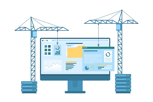 Web design development vector illustration. Cartoon isolated construction cranes build webpage with UI and content elements on computer monitor, construct and develop usability of new product