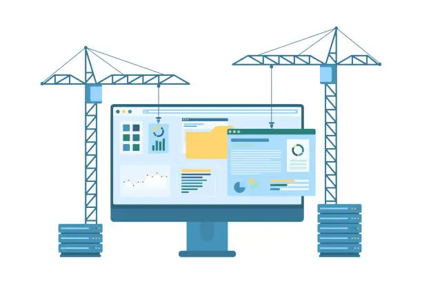 Vector illustration of Web design development, construction cranes build webpage with UI and content elements