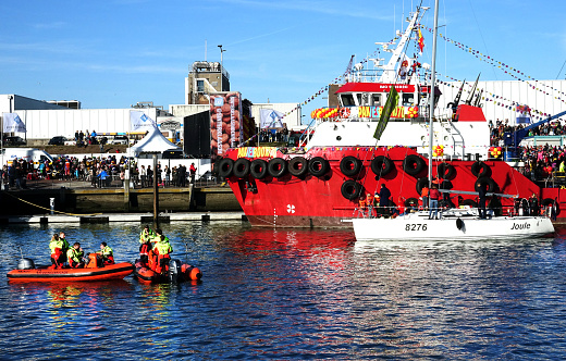 Netherlands. Scheveningen. November 12, 2022.\nSinterklaas arrives by boat from Spain into the harbor of Scheveningen