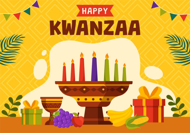 ilustrações, clipart, desenhos animados e ícones de ilustração vetorial feliz de kwanzaa com mazao, zawadi, mkeka, kinara, presentes, copo, velas no fundo plano plano do símbolo africano tradicional do feriado - december 7th