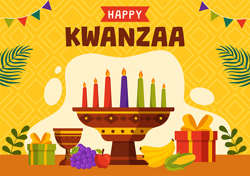 Happy Kwanzaa Vector Illustration with Mazao, Zawadi, Mkeka, Kinara, Gifts, Cup, Candles in Traditional Holiday African Symbol Flat Cartoon Background