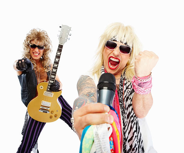 Group of rockstars playing music and enjoying against white  hair band stock pictures, royalty-free photos & images