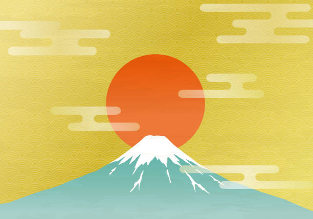 шаблон новогодней открытки с горой фудзи и восходом солнца - twilight fuji mt fuji japan stock illustrations