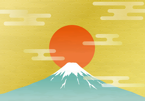 New Year's card template with Mt. Fuji and sunrise, symbol, cool, Japanese, oriental
