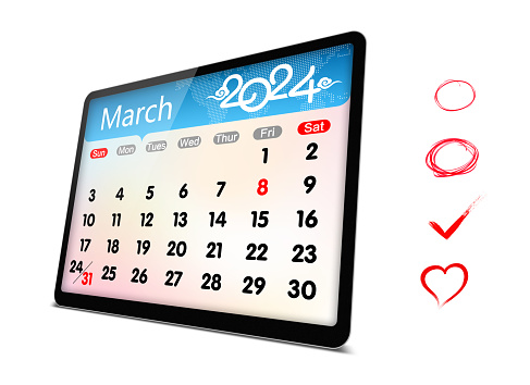 March 2024 calendar on digital tablet isolated on white with clipping path.