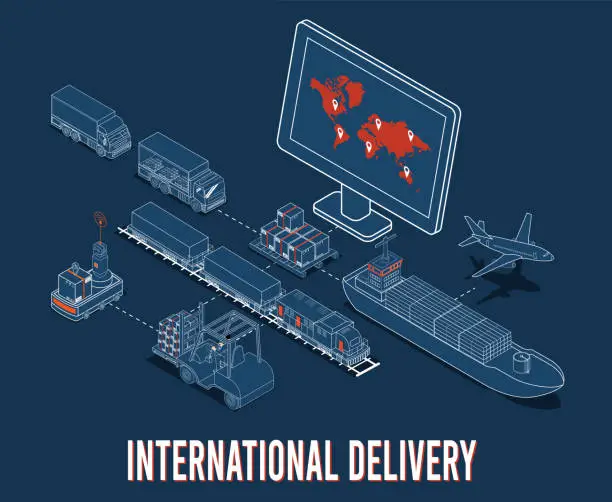 Vector illustration of International Delivery and Global Logistics Concept with Transportation operation service, Air, Road, Ship, rail transportation. Vector illustration EPS 10