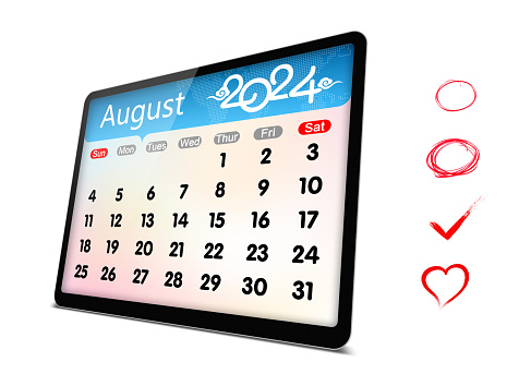 August 2024 calendar on digital tablet isolated on white with clipping path.