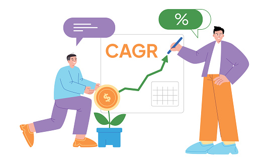 CAGR Compound annual growth rate investor analyze percentage of investment return earning periodically vector