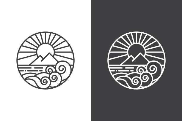 ocean wave line art logo circular ocean waves logo line art with sunlight behind a mountain in the middle of the sea tide stock illustrations