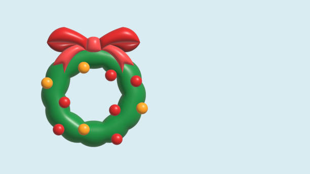 istock 3d rendering, Christmas spruce wreath decorated with ornaments: red and yellow glass balls, Holiday clip art isolated on blue background. frame with copy space 1717841534