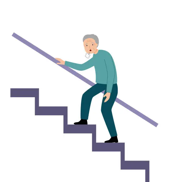 Vector illustration of Senior man goes up the stairs with short of breath.