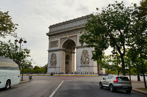 France, Paris 20.08.2023 The Arc de Triomphe de l'Étoile is one of the most famous monuments in Paris, France, standing at the western end of the Champs-Élysées at the centre of Place Charles de Gaulle, formerly named Place de l'Étoile