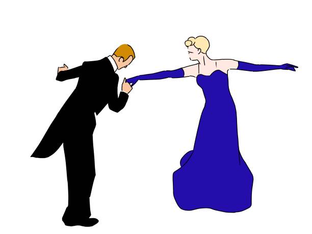 ilustraciones, imágenes clip art, dibujos animados e iconos de stock de un hombre con un abrigo de cola que besa la mano de una mujer y la saluda - dancing women wedding reception men