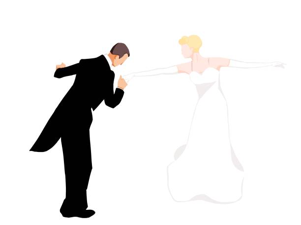 ilustraciones, imágenes clip art, dibujos animados e iconos de stock de un hombre con un abrigo de cola que besa la mano de una mujer y la saluda - dancing women wedding reception men