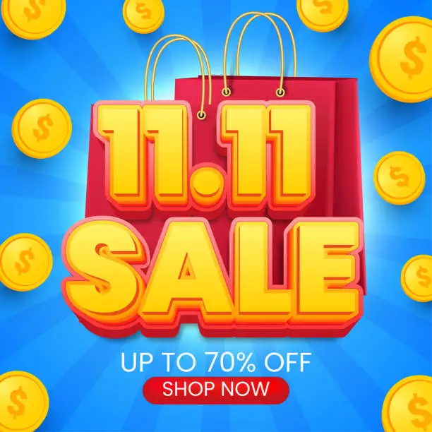 Vector illustration of 11 November sale promotion green poster with coins and a big sale sign