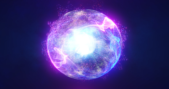 Abstract energy sphere with glowing bright particles energy scientific futuristic hi-tech background.