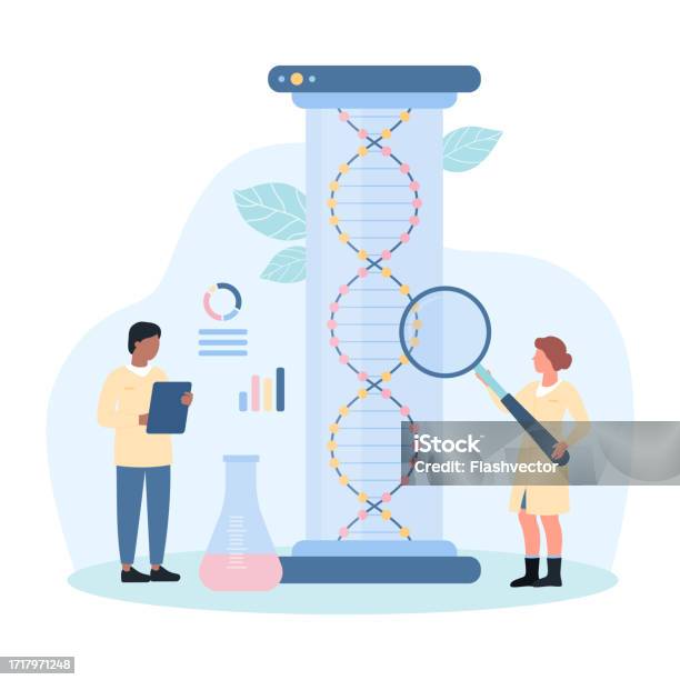 Dna Lab Graphics Dna Research In Biotech Laboratory Tiny Scientists Study Dna Molecular ...