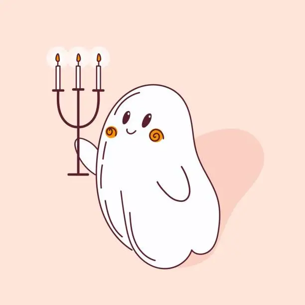 Vector illustration of Cute baby ghost goes with a candlestick. Trick or treat. Night, stars. In pink colors. Cute childrens cartoon character. In doodle style. For posters, postcards, banners, fabric.