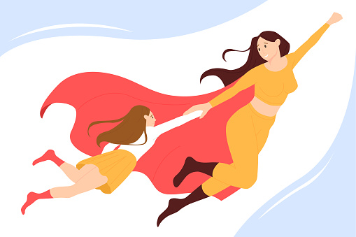 Mom superhero and motherhood vector illustration. Cartoon young mother in costume of super strong hero and red cape flying in sky with baby girl together, powerful supermom character with daughter