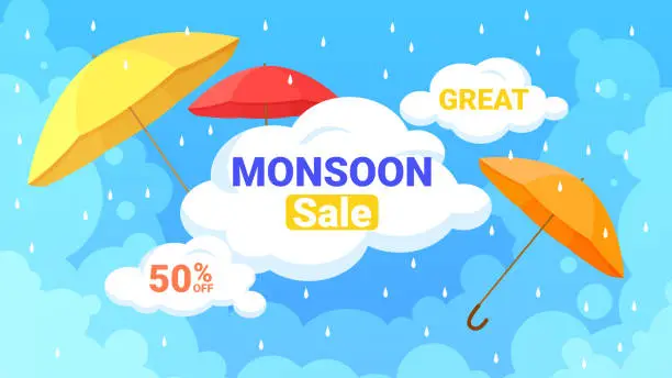 Vector illustration of Monsoon sales, promotion offer banner, yellow, red and orange umbrellas in rainy weather