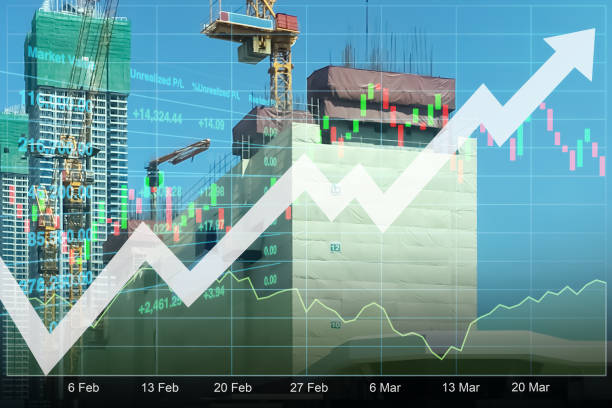 istock Image of tower crane  working on top of the  buildings with graph, chart and candlesticks data for stock business and construction industry presentation background. 1718009765