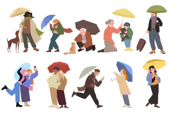 Vector illustration of People holding umbrellas to protect from rain set, man or woman walking with parasols