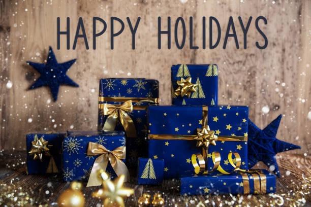 istock Text Happy Holidays, Christmas Gifts, Snowfall 1718018685