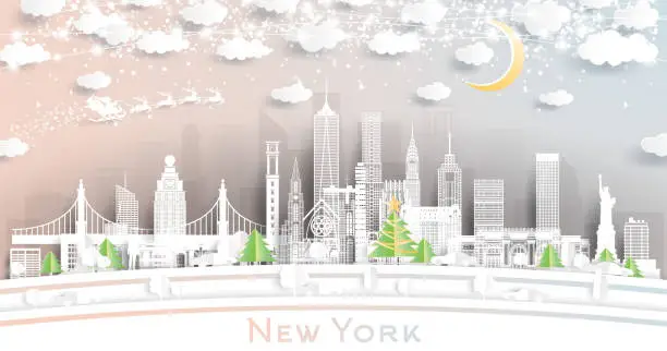 Vector illustration of New York USA. Winter City Skyline in Paper Cut Style with Snowflakes, Moon and Neon Garland. Christmas and New Year Concept. New York Cityscape with Landmarks.