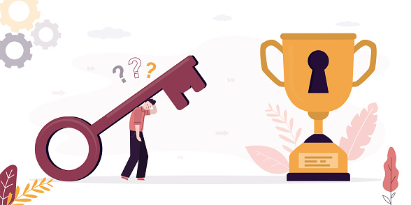 Tired businessman carry big heavy key to goal. loser entrepreneur cannot open way to success. Unsuccessful employee cannot overcome obstacles in work and win trophy or prize. flat vector illustration