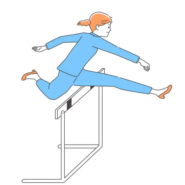 Vector illustration of Business Women jumping over hurdles 3 colors
