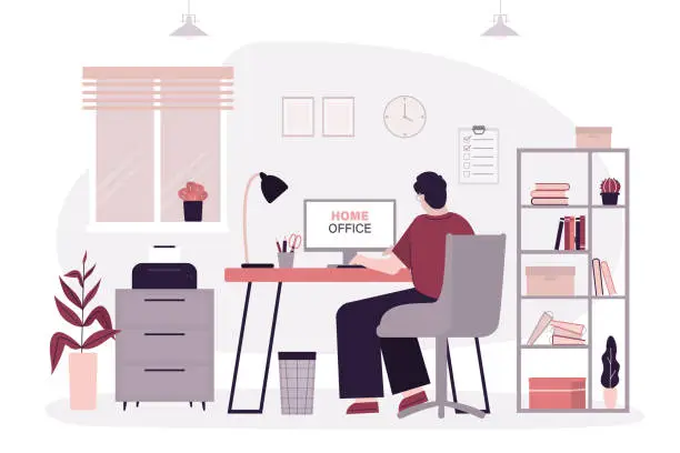 Vector illustration of Businessman or freelancer working at computer. Male character sits at desktop and works. Concept of remote work and freelance. Home office. Workplace interior design.