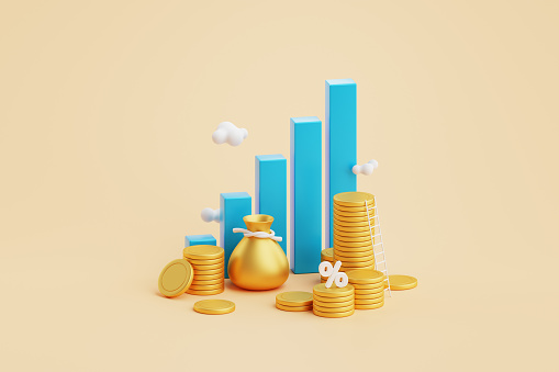 Growth business money finance 3d cash coin investment graph isometric concept bank background financial payment currency success economy gold market wealth earning banking profit credit web banner.