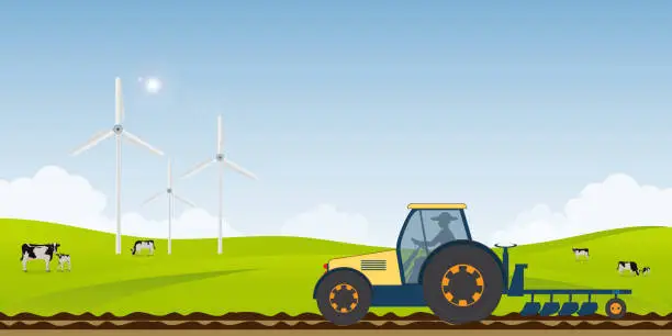 Vector illustration of Landscape of agriculture.Farmer driving a tractor.