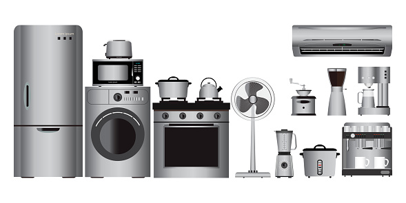 Set of household appliances, microwave oven, washing machine, refrigerator, multi cooker, blender, fan, air condition,  juicer blender, toaster and coffee machine.isolated vector illustration.