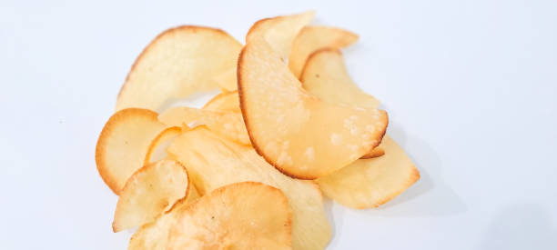 istock Heap deep fried cassava chips close up isolated on white background 1718073101