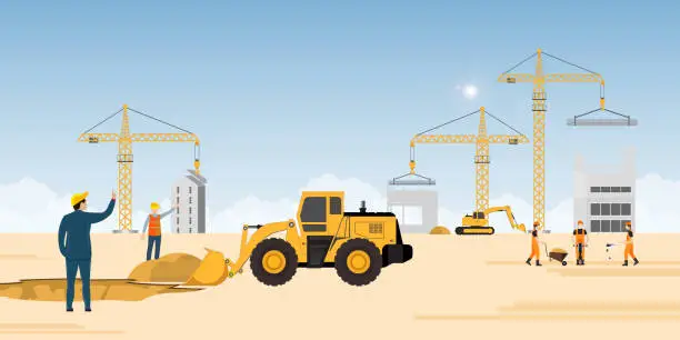 Vector illustration of Process of construction site with excavator.