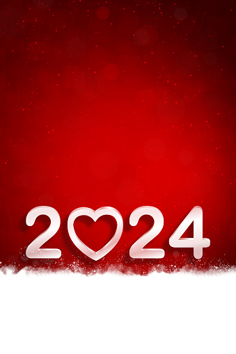Silver White coloured text 2 0 2 4 for Happy New Year on a red vertical bordered background. Can be used as Xmas , New Year 2024 day celebrations festive backgrounds, banners, wallpaper, gift wrapping sheet, poster ad greeting cards. There is a three dimensional effect in text and a heart instead of 0.