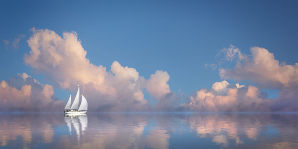 Sailboat in the sea in the evening sunlight - 3D illustration