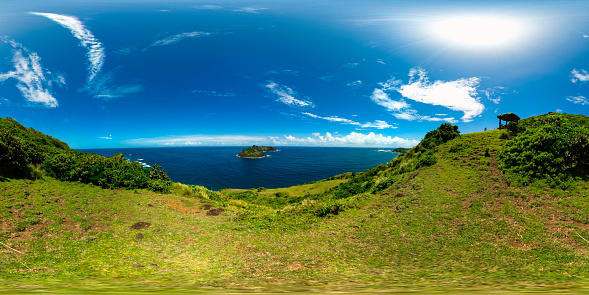 360 Panorama of the blue ocean and the island. Palaui island, Cape Engano, Dos Hermanas island. Philippines.
