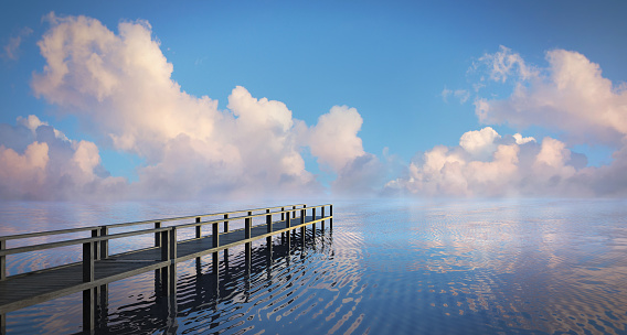 Boat pier at the ocean at sunset - 3D illustration