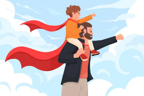 Vector illustration of Dad superhero, family scene for Fathers day greeting card, happy daddy carrying son