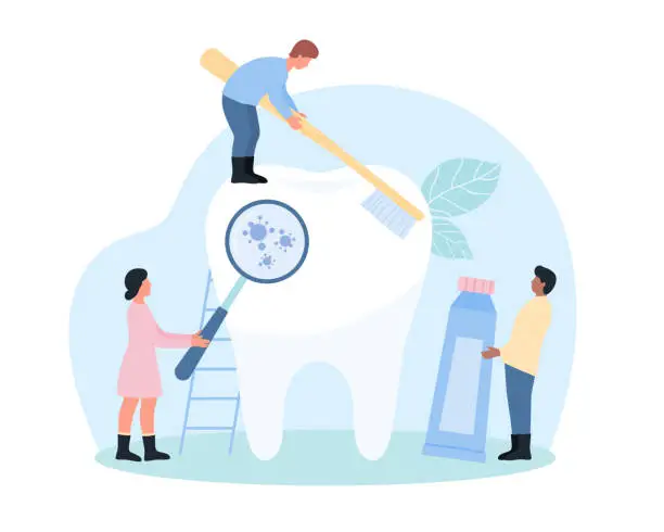 Vector illustration of Teeth brushing, hygiene, tiny people holding toothbrush and toothpaste to clean tooth