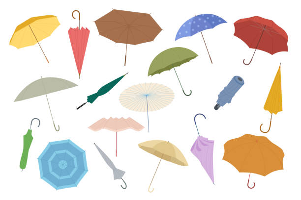 zestaw parasoli, parasole otwarte i składane z uchwytami w innym kolorze, modne akcesoria - rain protection personal accessory autumn stock illustrations