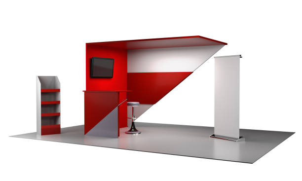 istock Exhibition stand design, Red booth mock-up with roll-up banner 1718130983