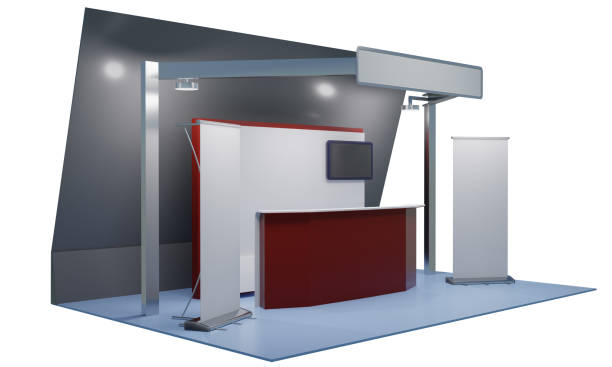 istock Exhibition stand design, Booth mock-up with roll-up banner 1718130986