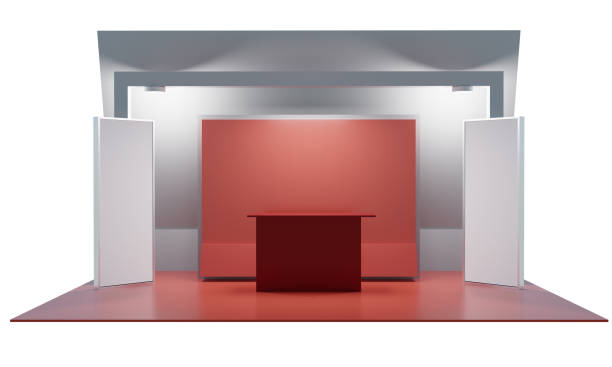 istock Exhibition stand design, Booth mock-up with roll-up banner 1718130999