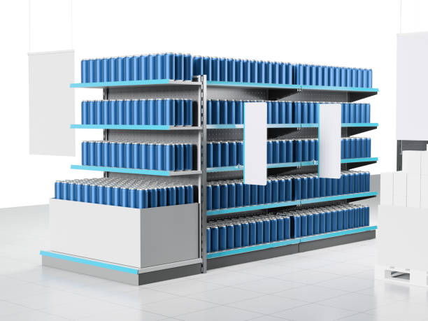istock Set of shelves with blue cans 1718131469