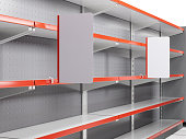 Set of empty shelves with blank stoppers